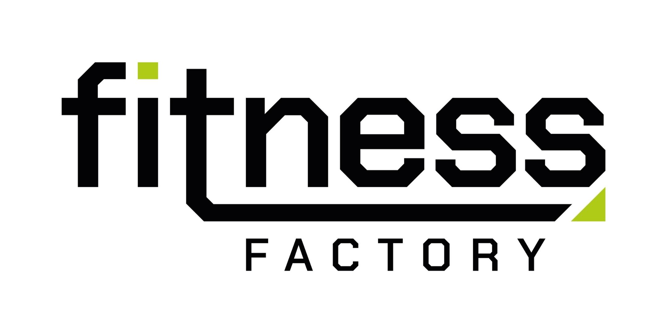 Logo der Fitness Factory Pforzheim: schwarzer Schriftzug "fitness" mit gruener Ecke und darunter das Wort "Factory" auf weissem Hintergrund