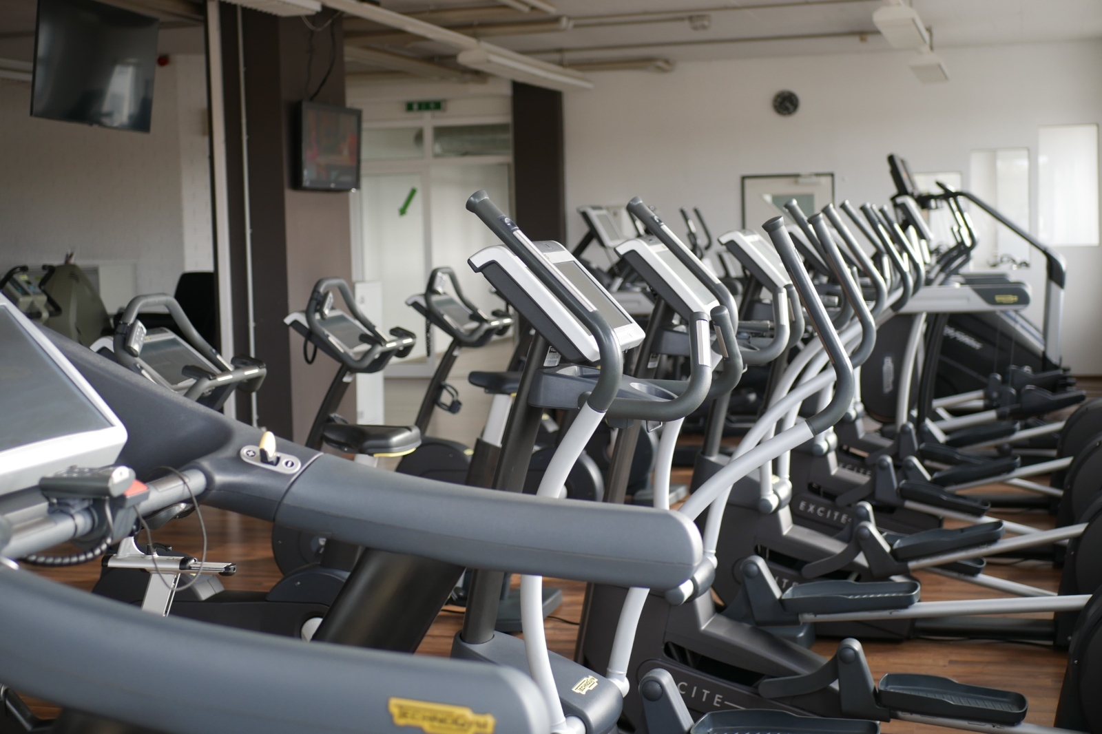 Reihe von grauen Crosstrainern im Cardio-Bereich des Fitnessstudios; die Ausdauergeräte stehen dicht nebeneinander vor einer großen Fensterfront.
