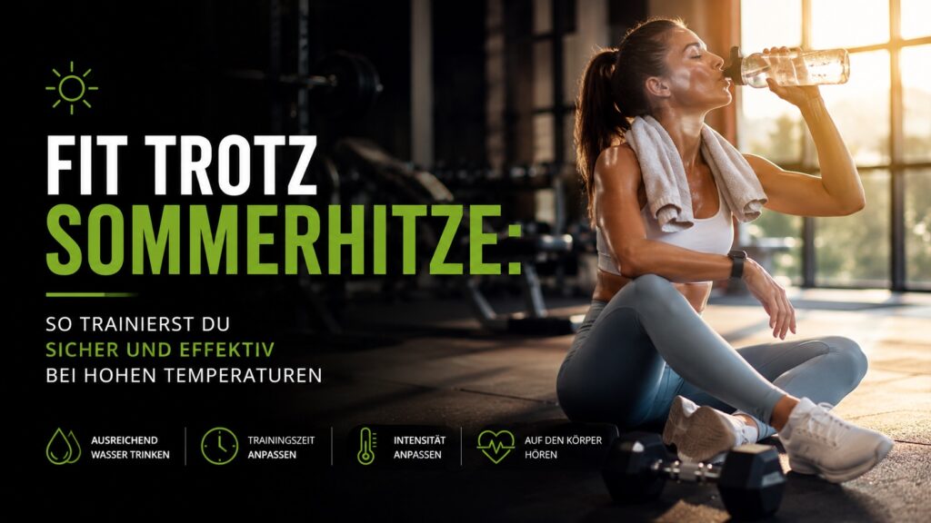 Sportlerin trinkt während einer Trainingspause Wasser im Fitnessstudio, um bei hohen Temperaturen leistungsfähig zu bleiben und ausreichend Flüssigkeit aufzunehmen.