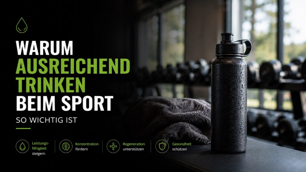 Trinkflasche im Fitnessstudio vor einem Hantelbereich als Symbol für ausreichende Flüssigkeitszufuhr, Leistungsfähigkeit und Regeneration beim Sport.