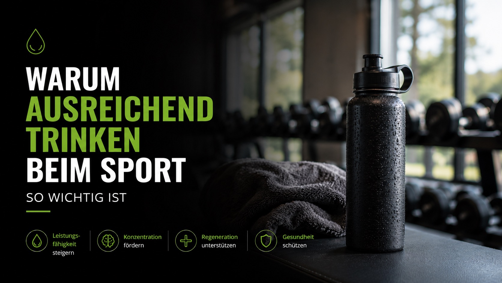 Trinkflasche im Fitnessstudio vor einem Hantelbereich als Symbol für ausreichende Flüssigkeitszufuhr, Leistungsfähigkeit und Regeneration beim Sport.