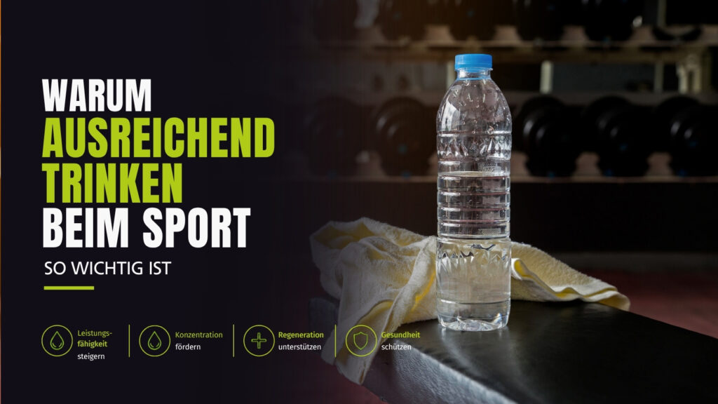 Trinkflasche im Fitnessstudio vor einem Hantelbereich als Symbol für ausreichende Flüssigkeitszufuhr, Leistungsfähigkeit und Regeneration beim Sport.
